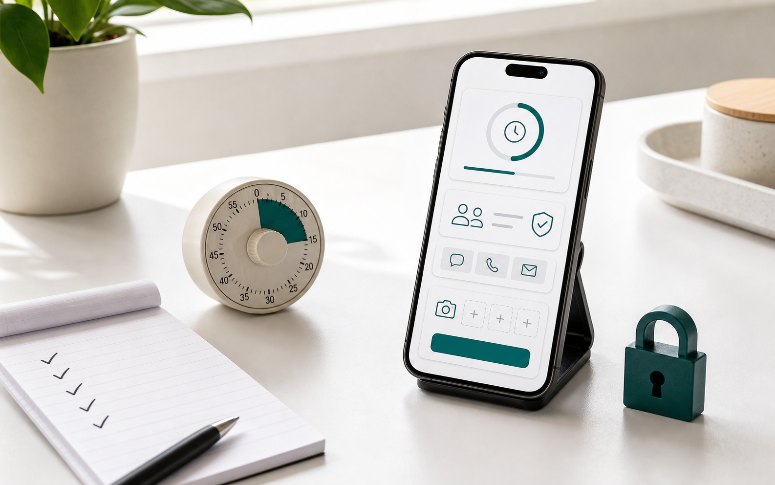 A phone, timer, checklist, and lock on a clean desk.